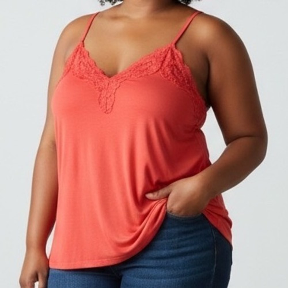 Lane Bryant Coral Red Lace Trim Camisole Tank Top‎ Plus Size 14/16 romantic